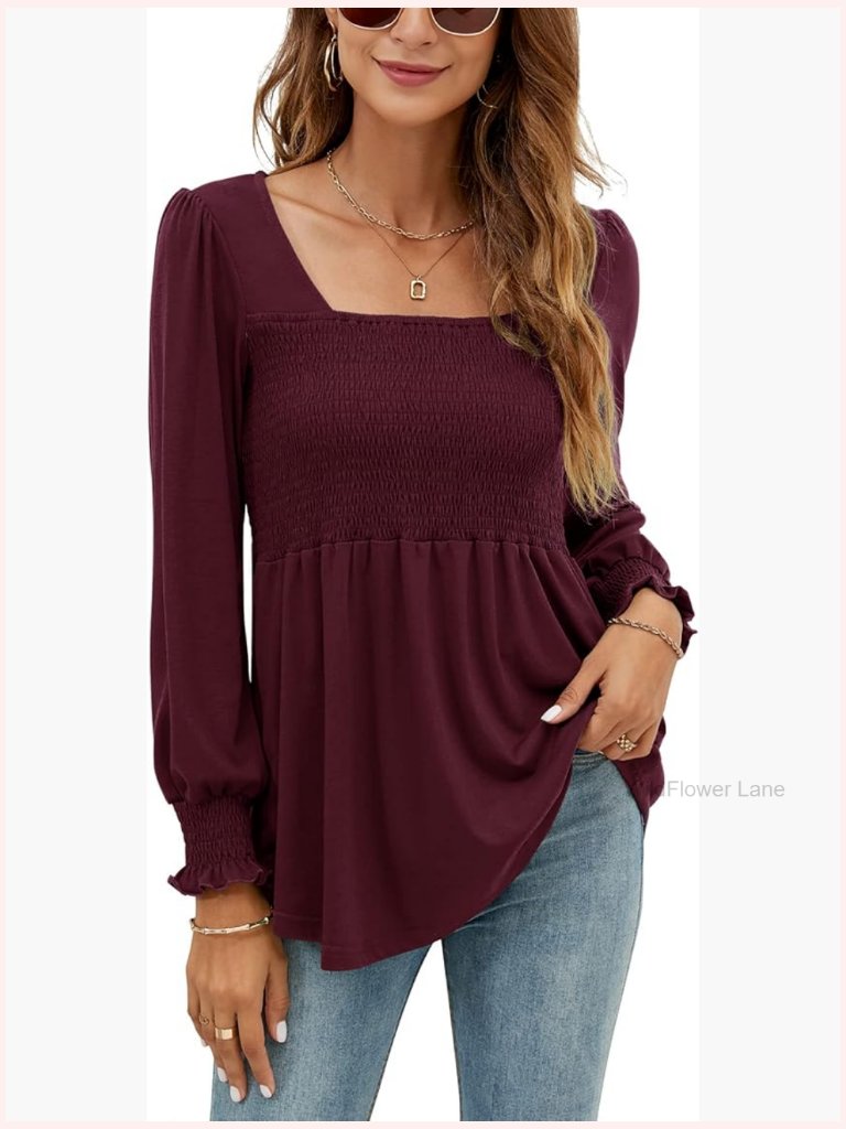 Puff Long Sleeve Square Neck Smocked Tunic Top Blouse S-Xl